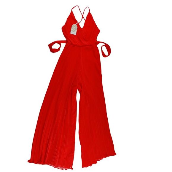 Beyond Words Pants - Beyond Words Red Jumpsuit Pleated Wide Leg‎ Spaghetti Strap XS